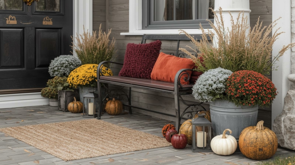 Nachhaltige Herbstdeko vor der Haustür in der Schweiz: Chrysanthemen, Calluna, Zierkohl und Kürbisse mit Kerzen und Holzbank