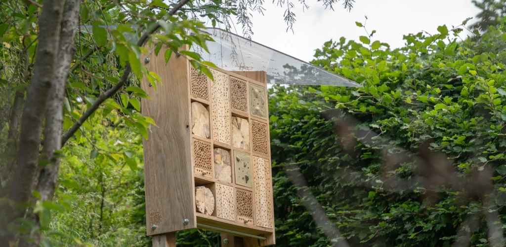 Hochwertiges Wildbienenhotel in naturnaher Umgebung mit heimischen Sträuchern